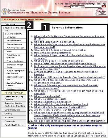 fig 1.2a, NJ Parents Information page showing elements (1) and (2)