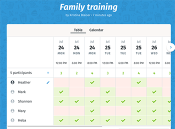 A scheduling technology example, showing a calendar and times individuals are available to meet